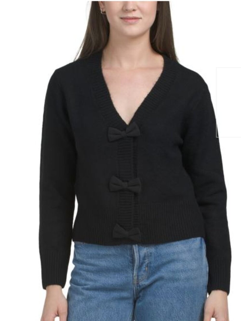 CeCe Black V-Neck Bow-Front Sweater